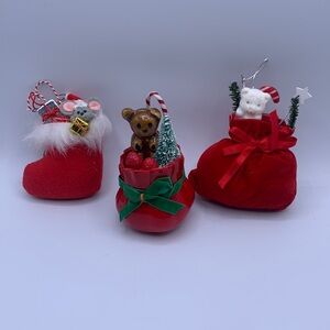 Three Vintage Plush Santa’s Bag of Presents & mouse in Stocking Flocked Bear